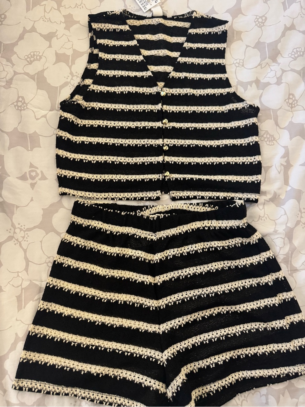 H&M Black and Cream Striped Knit Crop Vest and Shorts Set